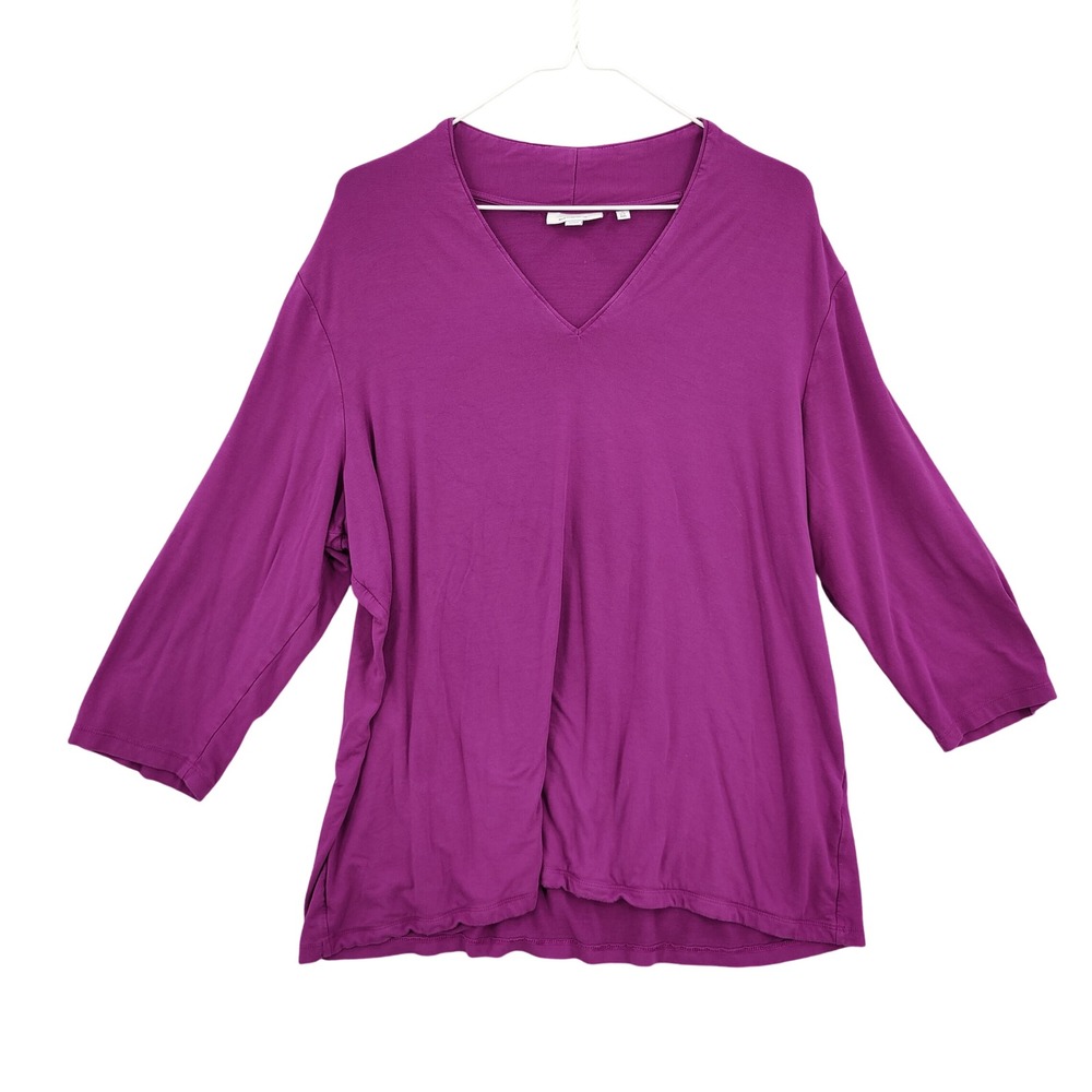 Chicos Women Classic V-Neck 3/4 Sleeve Top Plus Size 4 XXL Purple Stretch Knit